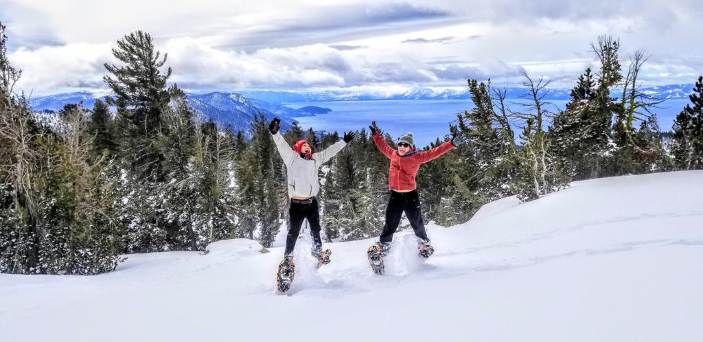 Tahoe snowshoe tour with lake in background