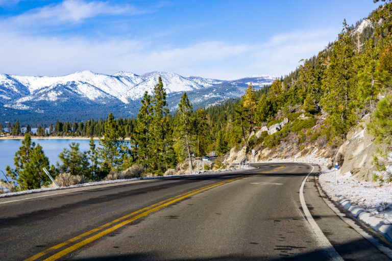 Road in Lake Tahoe with view of the lake