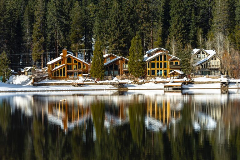 Cabins reflection on donner lake
